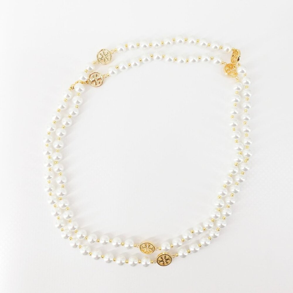 Tory Burch Gold Plated Beaded Long Pearl Station Chain Necklace Gold/ Ivory OS